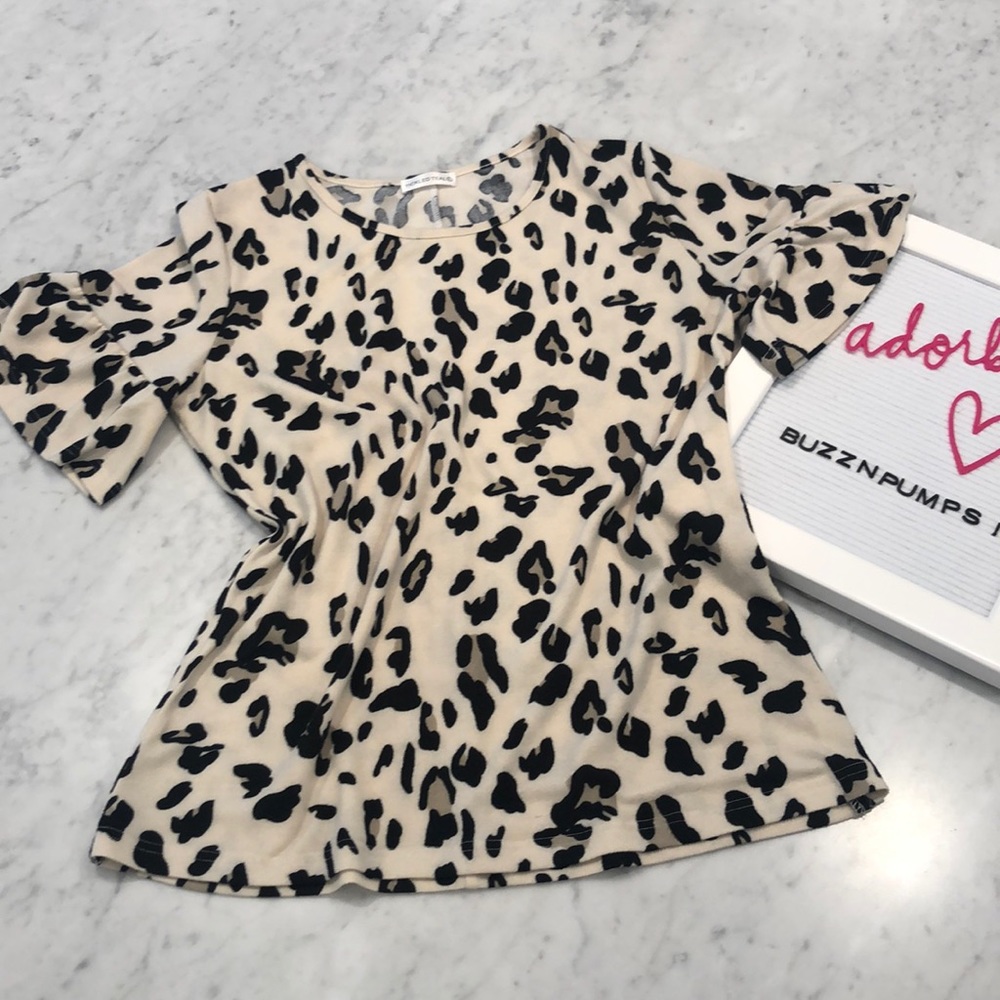 Tickled Teal Leopard print ruffle sleeve sweater